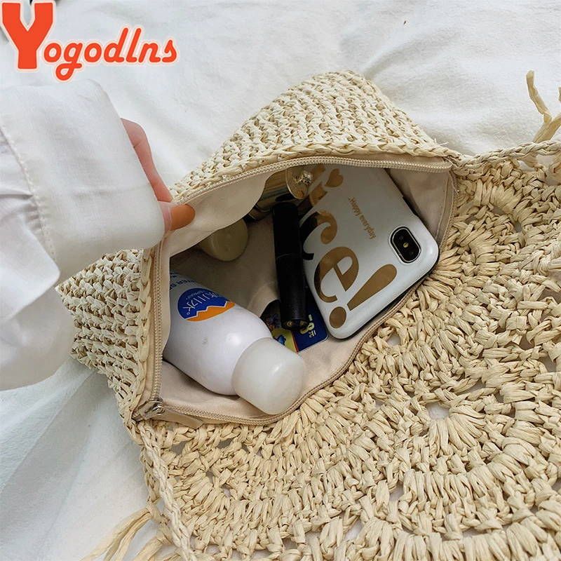 Yogodlns Newest Hot Summer Women Tassels Straw Rattan Wicker Weave Shoulder Bags Handbag Flap Ladies Holiday Beach Crossbody Bag