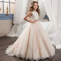 2018 Extravagante Champagne Vestido Da Menina Flor com Fita Bege Bow Tripulação Malha Pescoço Vestidos De Baile Crianças Comunhão Santamente Vestidos Para natal