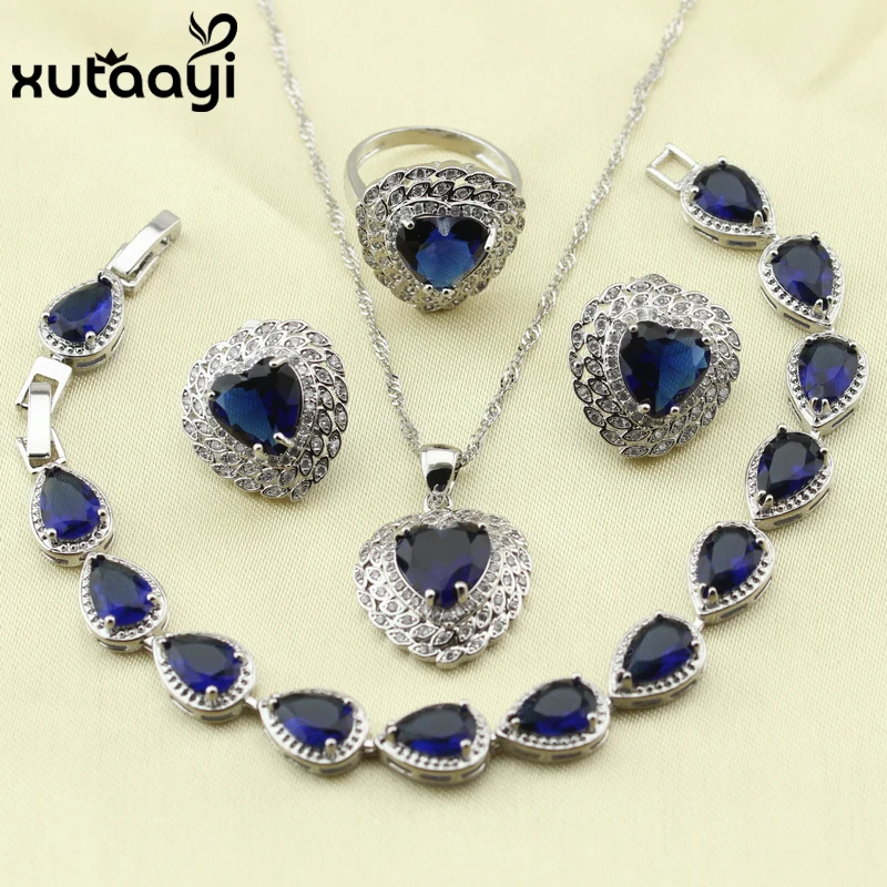 XUTAAYI Top Quality  Silver colorcolor Jewelry Sets Blue Created Sapphired Flawless Necklace/Rings/Earrings/Bracelet For women