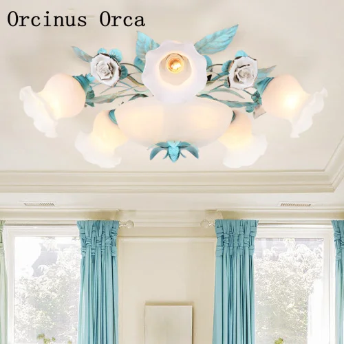 American Pastoral Blue Flower  ceiling lamp  Living Room Restaurant Modern Creative LED Tieyi Rose ceiling lamp free shipping