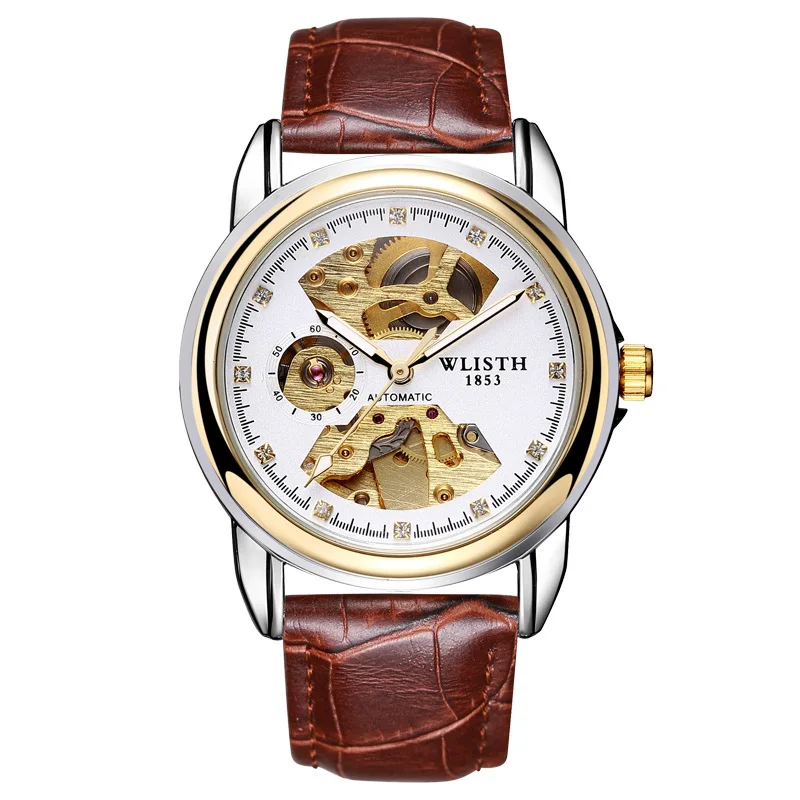 Fashion 2019 Wlisth Men Business Mechanical Watches Skeleton Hand Wind Wrist watch Stainless Steel & LEather Band Gift Clocks