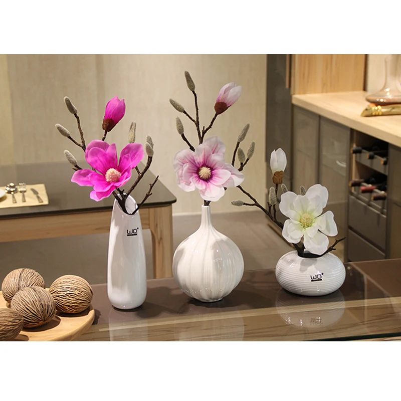 White Modern Tabletop Vase Artificial Magnolia flower Potted set Ceramic vase Small bonsai Artificial Flowers Home Decoration