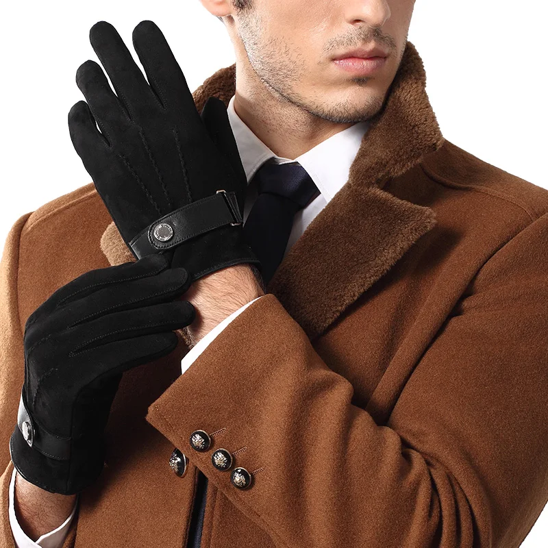 New Men'S Retro Autumn And Winter Plus Velvet Gloves Warm Suede Buckle Sheepskin Cold Gloves Men'S Black Gloves 9007-5