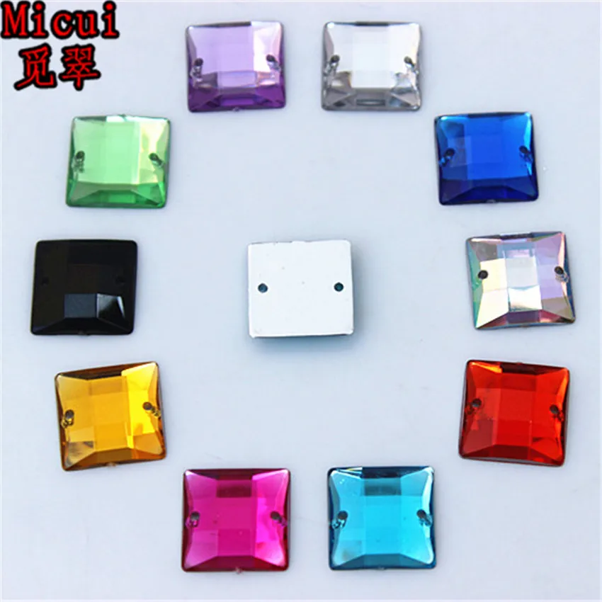 Micui 100PCS 12mm Square Crysta Rhinestone Sew On Acrylic Flat Back Crystals and Stones For Clothing Dress Decorations MC779