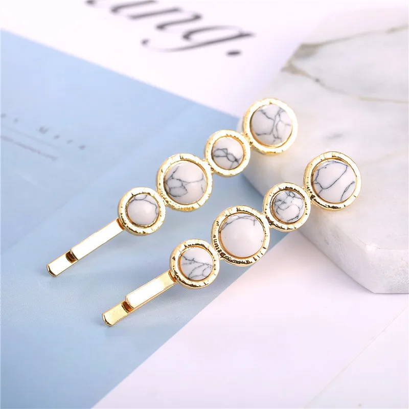 2pcs/Set Korean Fashion Women Girls Gold Metal Geometric Hair Clips Natural Stone Hairpins Vintage Barrettes Hair Accessories