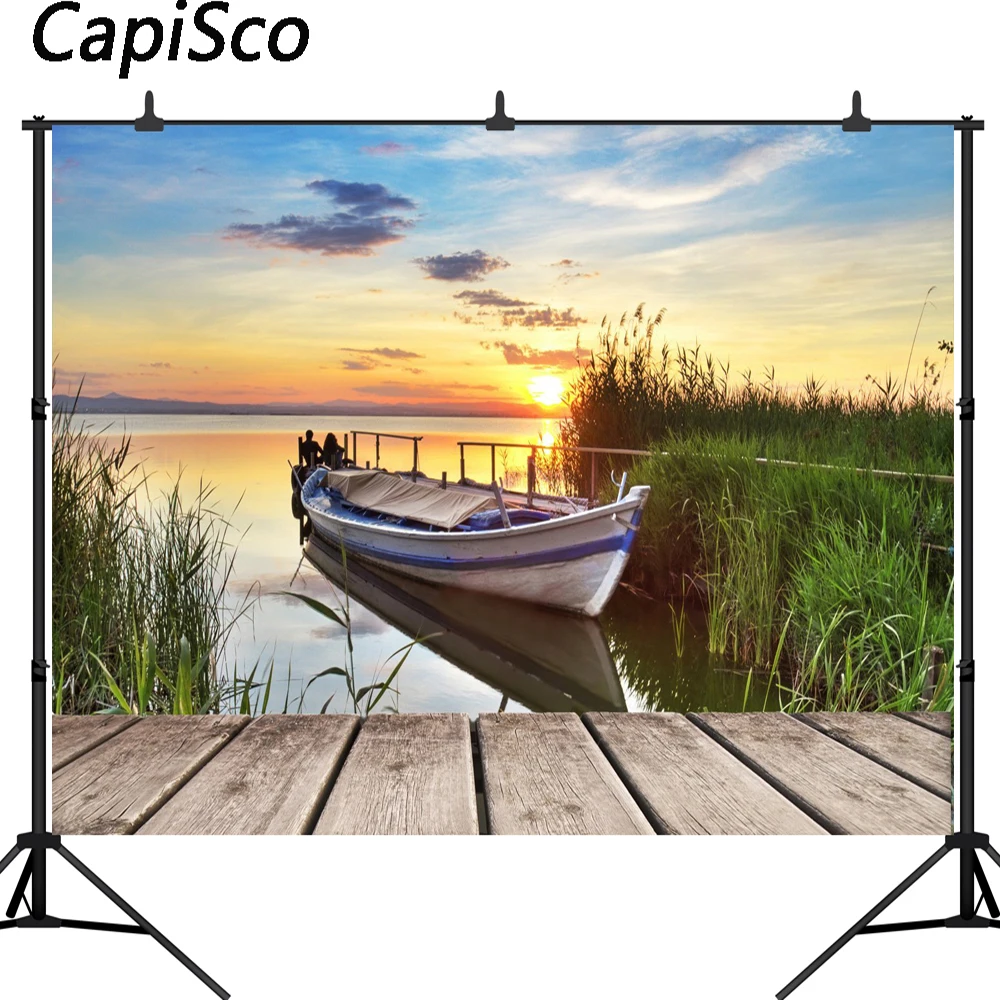 Capisco River Boat Sunset Plant Wooden Bridge Photography Backgrounds Customized Photographic Backdrops For Photo Studio