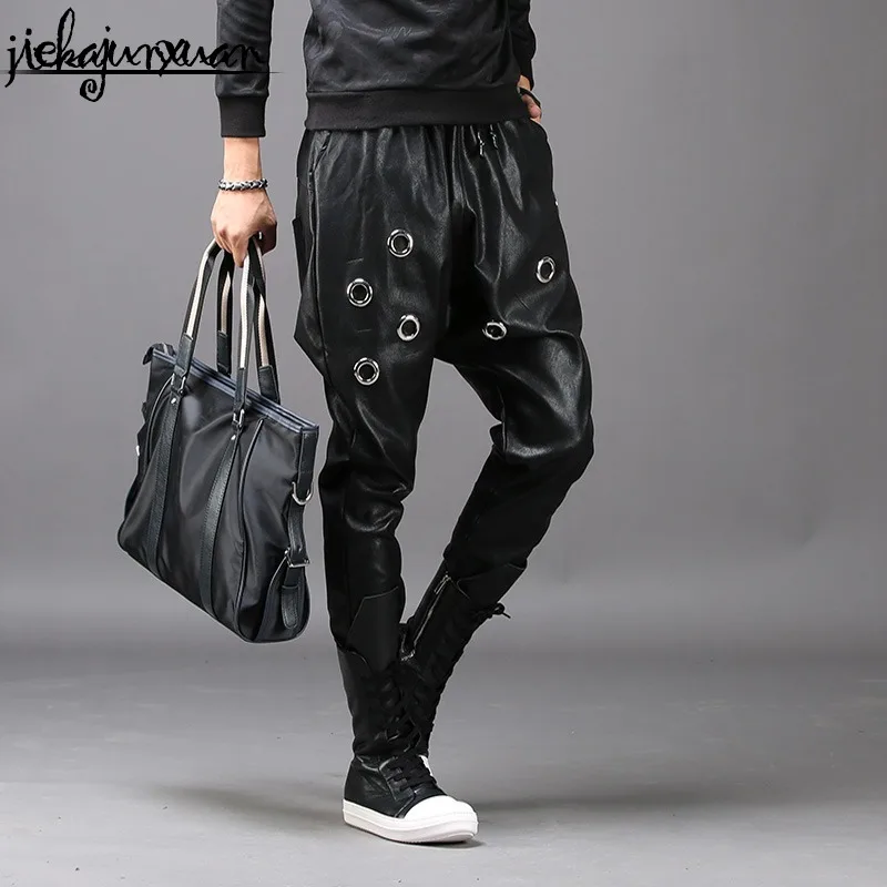 Korean Men's PU Leather Pants Personality Slim Harlan Tight Pants Nightclubs Hair Stylist Male Motorcycle Feet Tide Trousers