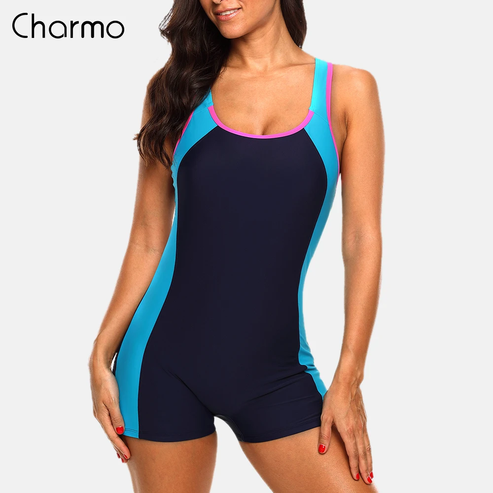 Charmo One Piece Women Sports Swimwear Sports Swimsuit Colorblock Swimwear Open Back Beach Wear Bathing Suits Patch Work Fitness