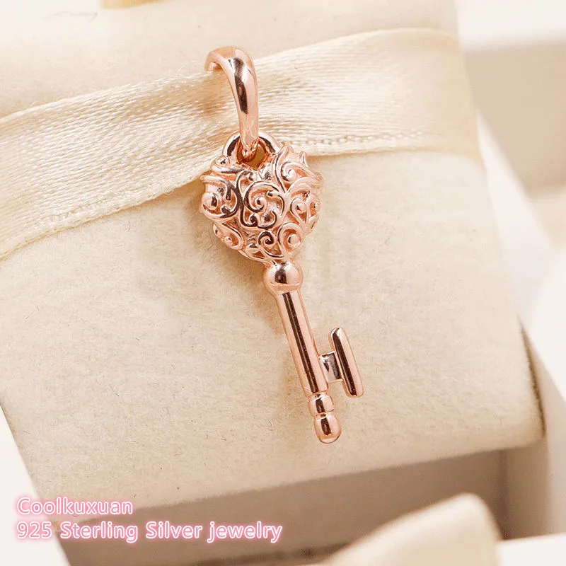 100% 925 Sterling Silver Regal Key Pendant, Rose Gold Beads Fit Original Pandora Charms Bracelet Jewelry Making Autumn