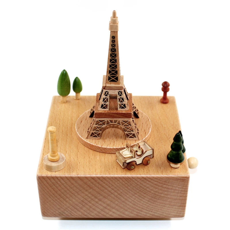 Kongwal Romantic Paris Tower Music Box Wooden Music Box Clockwork Wood Crafts Wedding Souvenir Home Decoration Ideal Gift