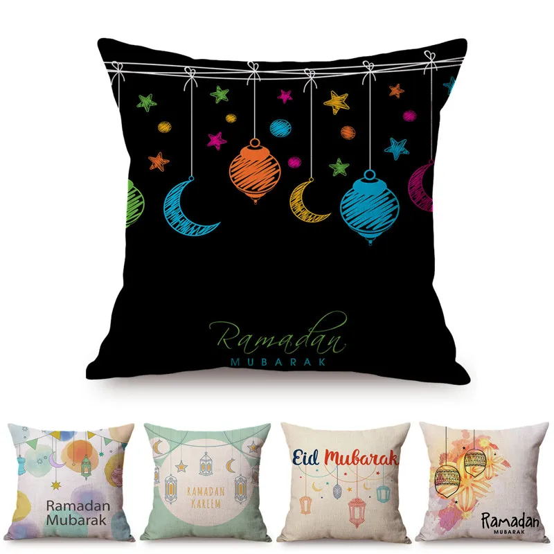 Muslim Water Color Cartoon Style Lantern Crescent Moon Stars Sofa Decorative Pillow Case Cushion Cover Eid Ramadan Children Gift