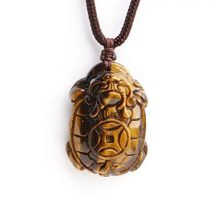 Natural Yellow Tiger eye Pendant Carved Chinese Dragon Turtle Necklace Lucky Amulet Bring Wealth Men Stone Jewelry With Rope