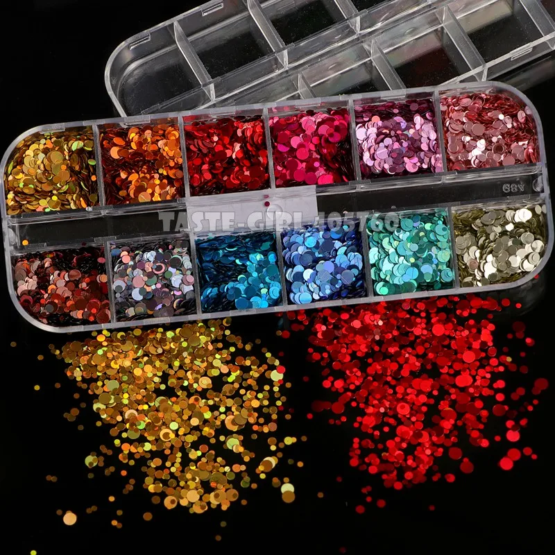 12 izgaralar/Set Yüksek Kaliteli 12 Renk Mix 3 Boyutlarda Glitter Lazer Holografik Yuvarlak Pullu Nail Art Dilim Madeni Pul çıkartmaları DIY CT15