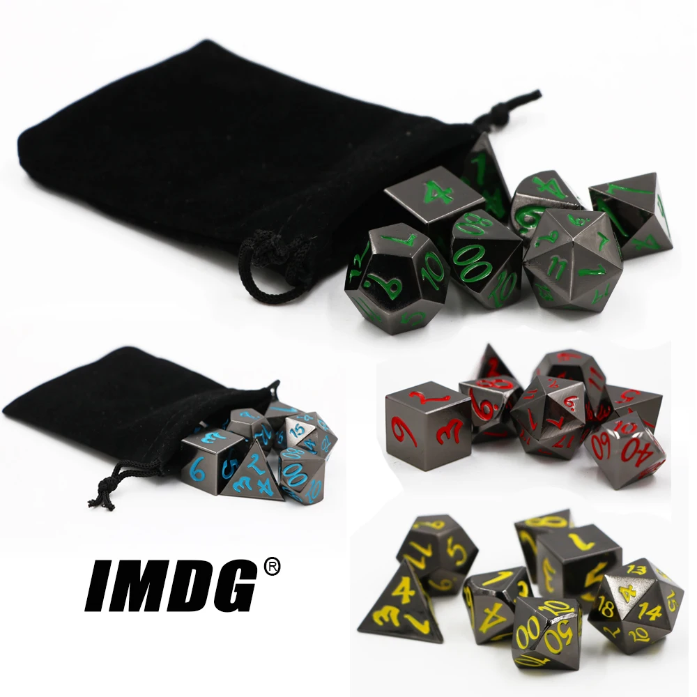 

IMDG 7 шт./компл. креативные игральные кости для ролевых игр, многогранные металлические кости, большой шрифт DND, никелевый цвет, цифровые игровые кости