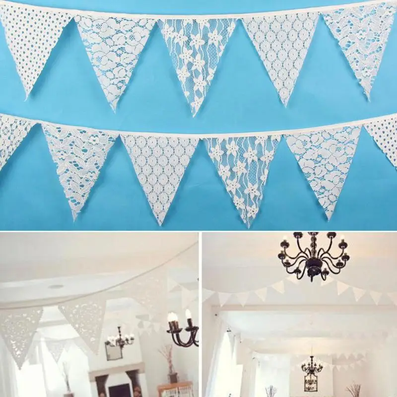 Vintage Trang Trí Đám Cưới Bunting Mộc Mạc Váy Lót Biểu Ngữ Ren Trắng Vải Cờ Đuôi Nheo Vòng Hoa Dự Tiệc Cung Cấp 3.2M 12 Lá Cờ