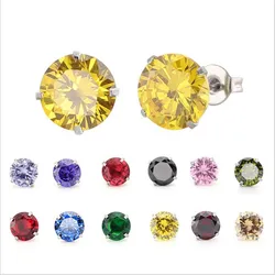 PE86 Titanium Zircon Stud Earrings 8MM Round Colorful Crystal Earring Stainless Steel Jewelry