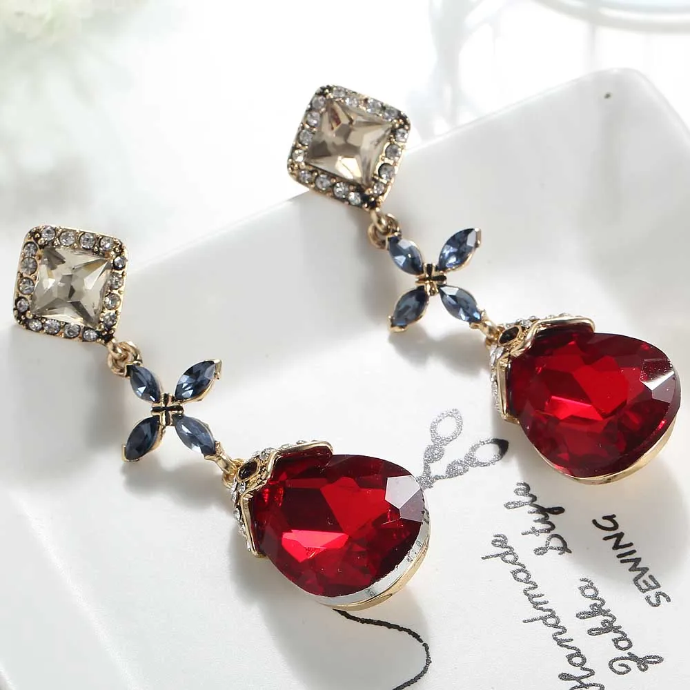 YaYi Red Blue White Glass White Rhinestone Dangle Earring Women's Fashion  Ancient Gold Color Gem Earrings For Women E1136