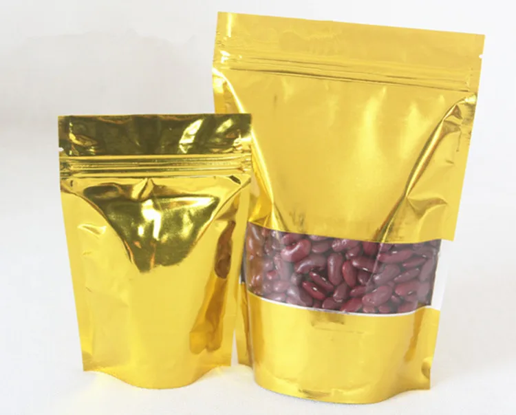 Wholesale 100pcs Glossy Gold Aluminum Foil Window Ziplock Bag Stand up Gold Plastic Powder Coffee Sugar Nuts Gift Packing Pouch