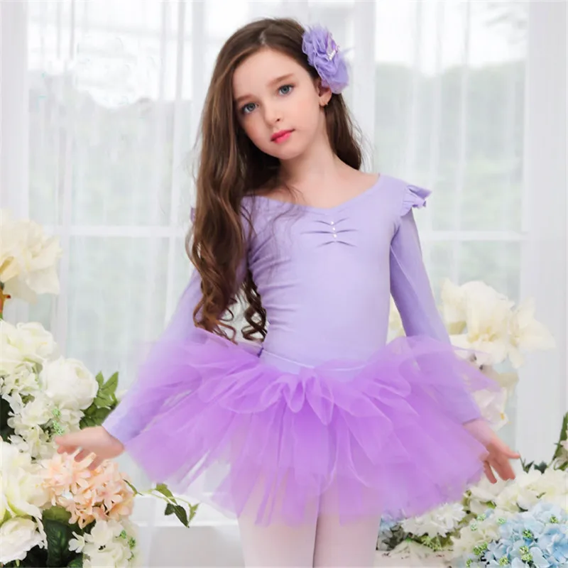 Neue Kinder Mädchen Langarm Ballett-ballettröckchen Gymnastik Body Dance Kleidung Kinder Trikot Baumwolle Kostüme Tutus Ballerina Kleid