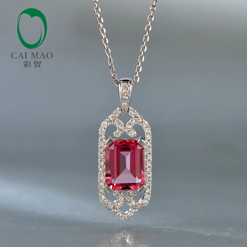 Caimao 2.26ctw 7x9mm Emerald Cut Pink Tourmaline 14Kt White Gold Natural Diamond Charming Pendant for elegant lady