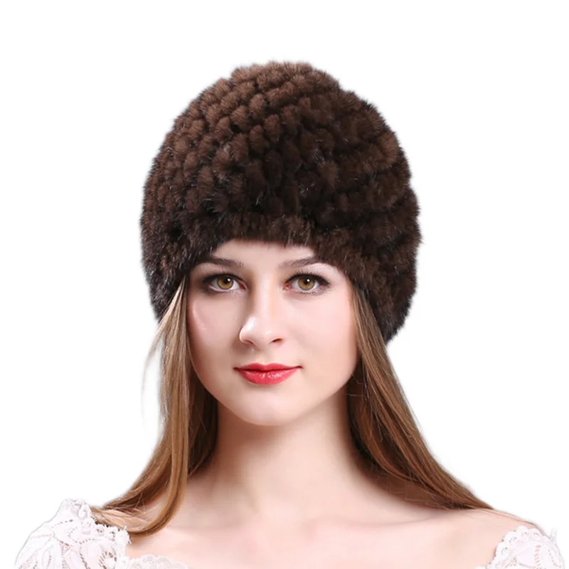 Quality imported mink casual beanie hat / sleeve head cap mink pineapple pattern knit hat