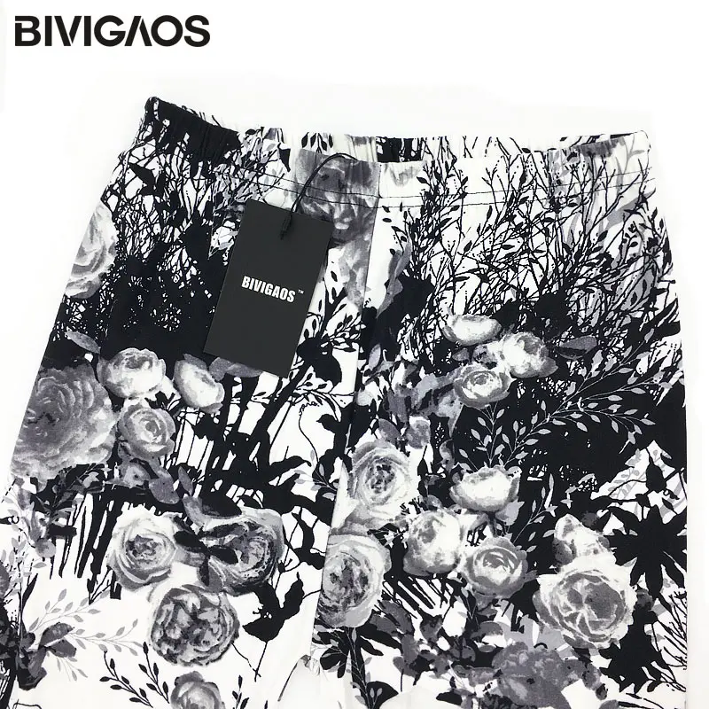 BIVIGAOS-Leggings con estampado de flores y grafiti para mujer, pantalones de malla con estampado de flores grises, tejido de lijado, informales, elásticos