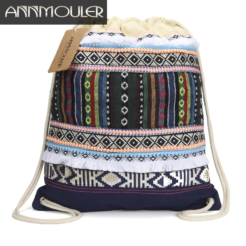 Annmouler New Design Women Backpack Bohemian Style Hobo Bag Large Capacity Tribal Drawstring Bag Aztec Tassel Rucksack 2 Colors