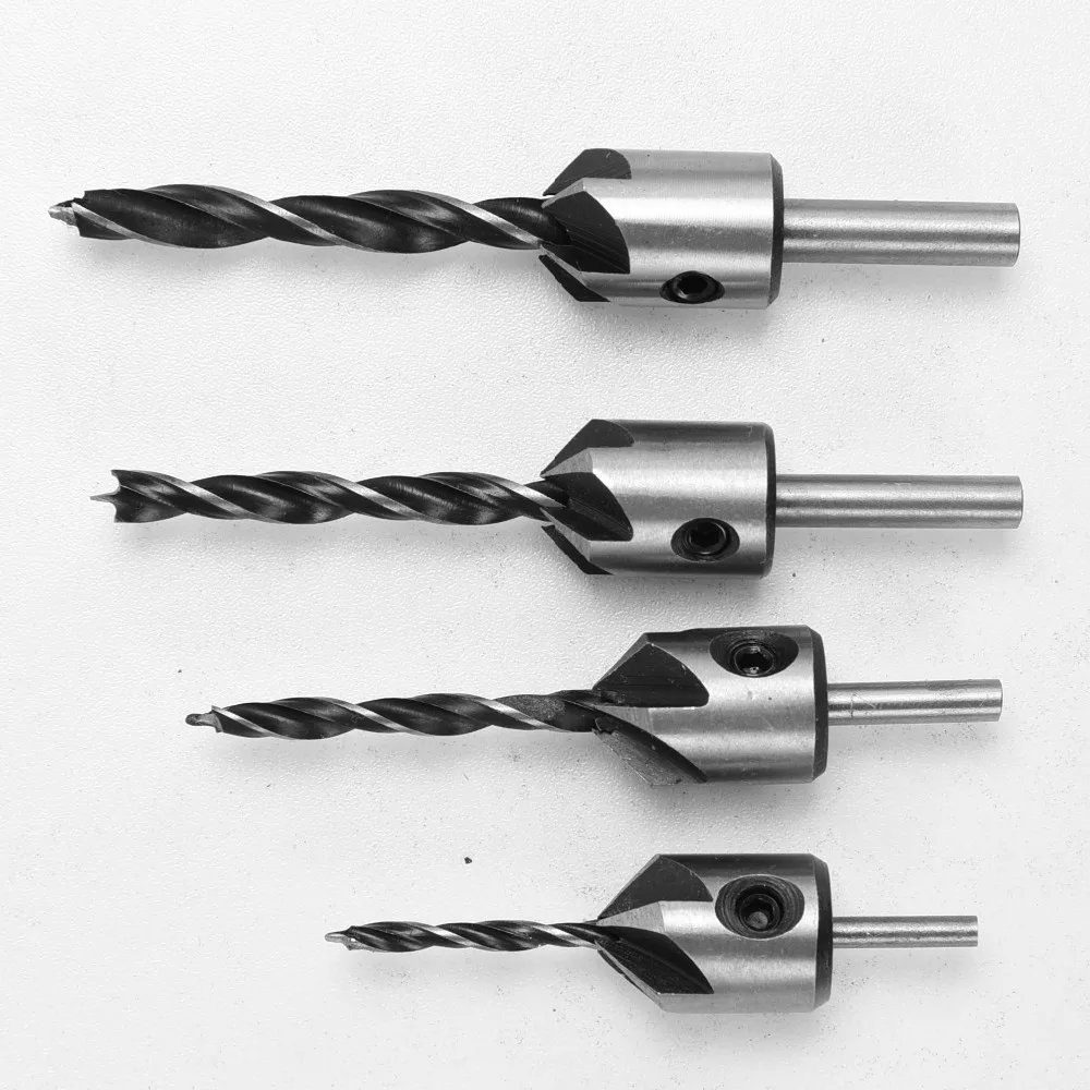 4pcs  3mm-6mm Wood Countersink Drill Set HCS 5 Flute Drill Bit Carpentry Reamer Woodworking Chamfer End Milling Wood Tool