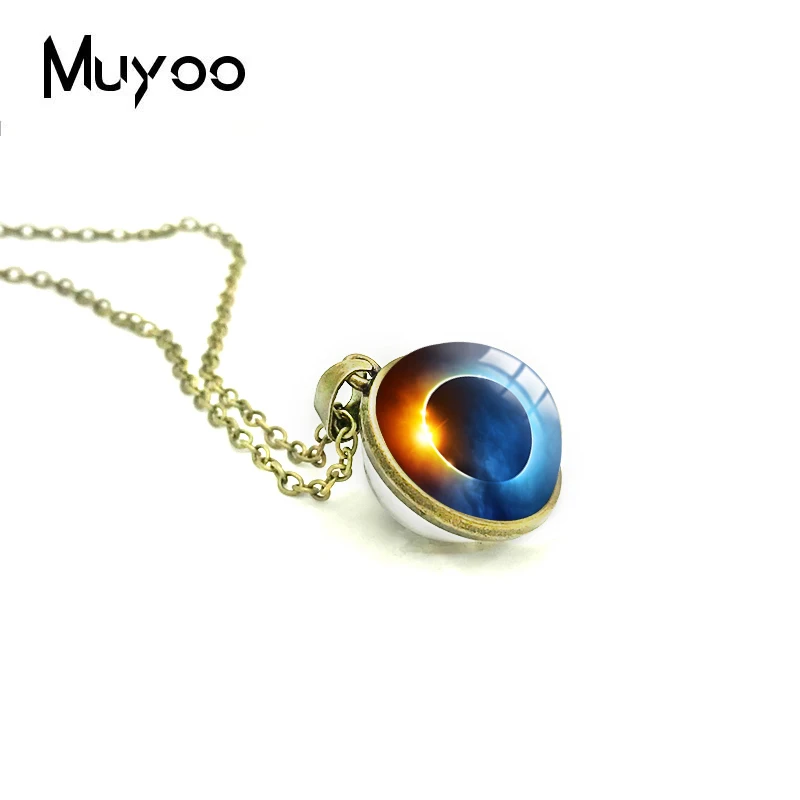 2019 New Solar Eclipse Double Sided Pendant Space Galaxy Necklace Round Glass Dome Cabochon Jewelry