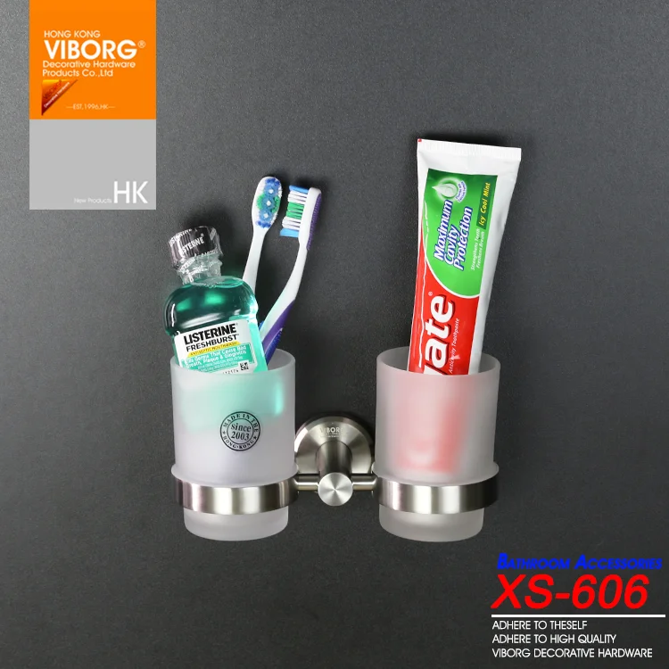 VIBORG Deluxe 304 Stainless Steel Wall Mounted Double Toothbrush Cup Holder with 2 Tempered Glass Toothbrush Cups, brushed