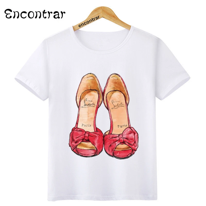 Girls White T-shirt New Red Shoe Print T shirt Short Sleeve O-neck Summer Tops Kid Casual Children Tshirt,HKP3079