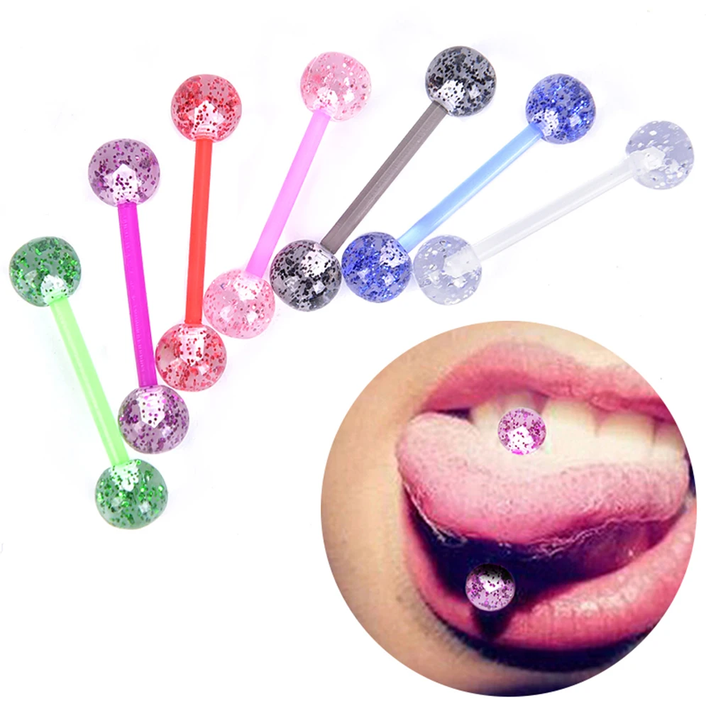 8PCS/Set Colorful Glitters Tongue Rings Acrylic Soft Rod Barbell Ball Tongue Stud Piercing Jewelry