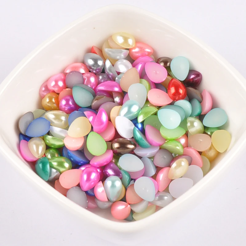 100pcs 8x6mm Mix Color Drop-shaped Imitation Half Round Pearl Flatback Beads for Scrapbook DIY Decoration YKL0718
