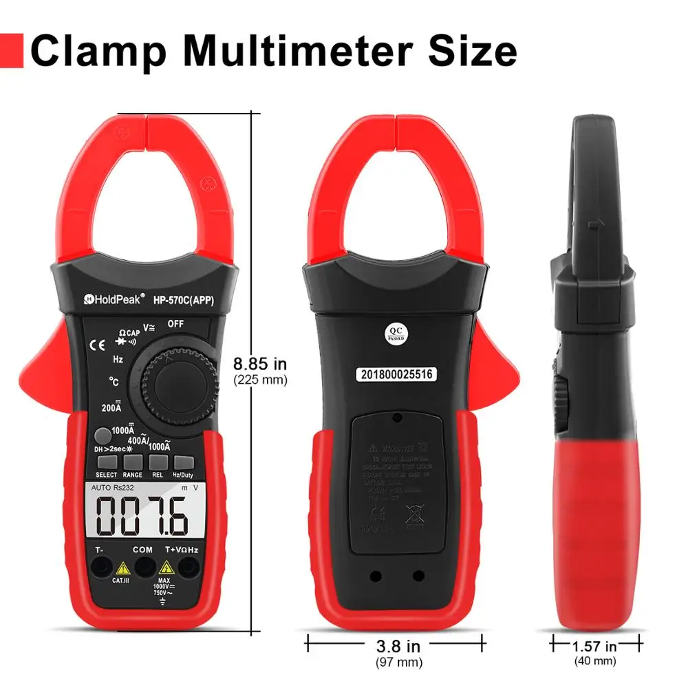 HoldPeak Digital Clamp Meter HP-570T-APP 1000A AC/DC Current Voltage Capacitance Temperature Multimeter Connect to Phone Tester