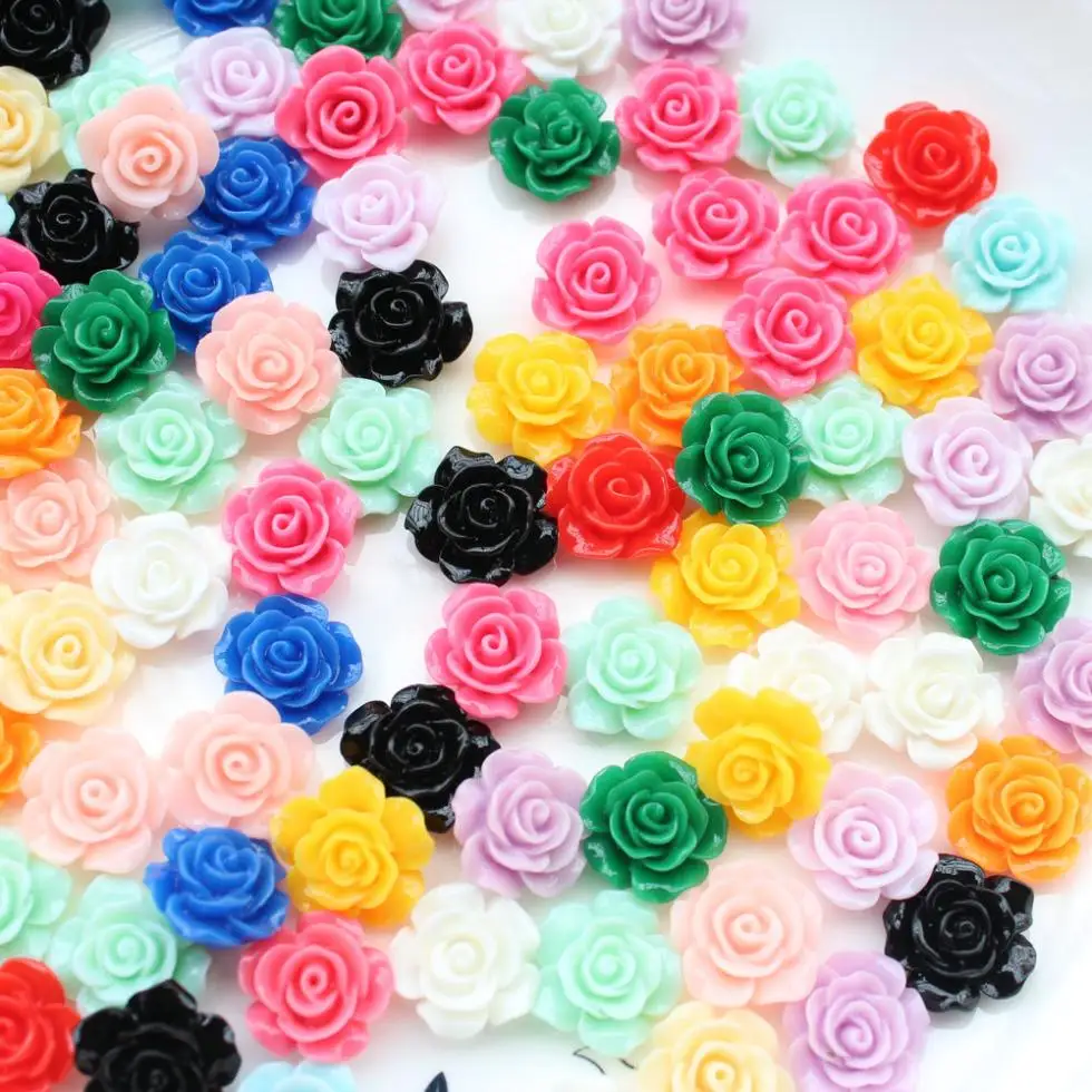 250pcs 14mm-15mm Resin Ruffled Rose Flower cabochon Beads flatback decoden mix colors