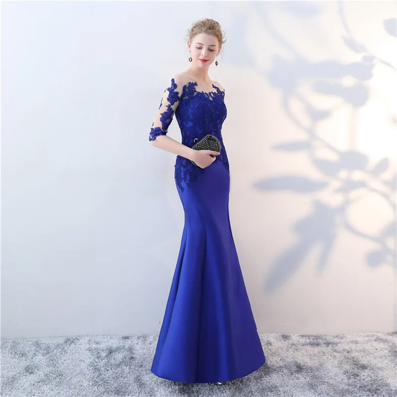 JaneVini Elegant Mermaid Royal Blue Prom Dresses with Half Sleeve Lace Appliques Illusion Back Satin Prom Dress Vestidos De Gala