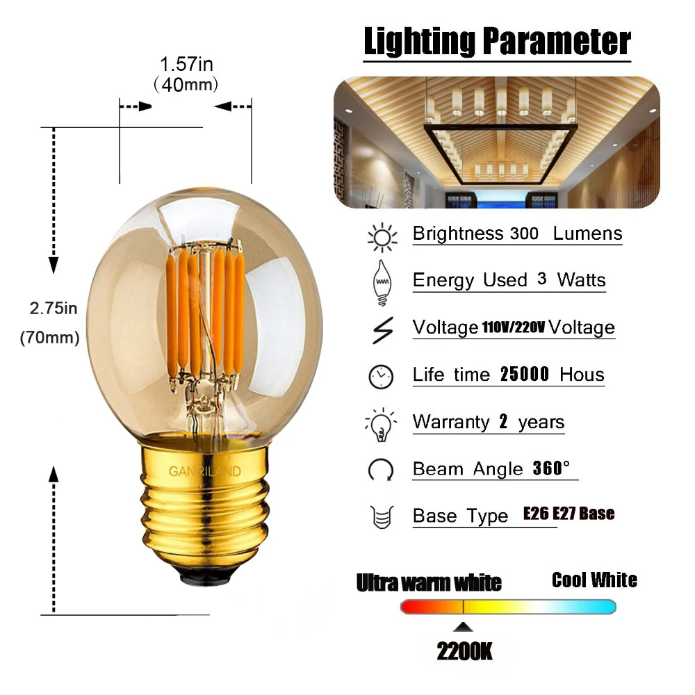 GANRILAND G40 3W Led Bubs For String Lights 110V 220V Warm White 2200K Golden Filament Globe Ball Bulb E26 E27 Bombilla Decor