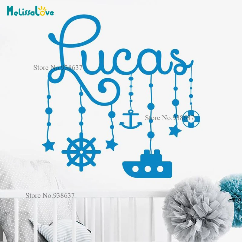 Boy Room Custom Name Decal Ancher Star Boat Rudder Sea Theme Sticker Baby Room Decor Removable Vinyl Wallpaper BA066