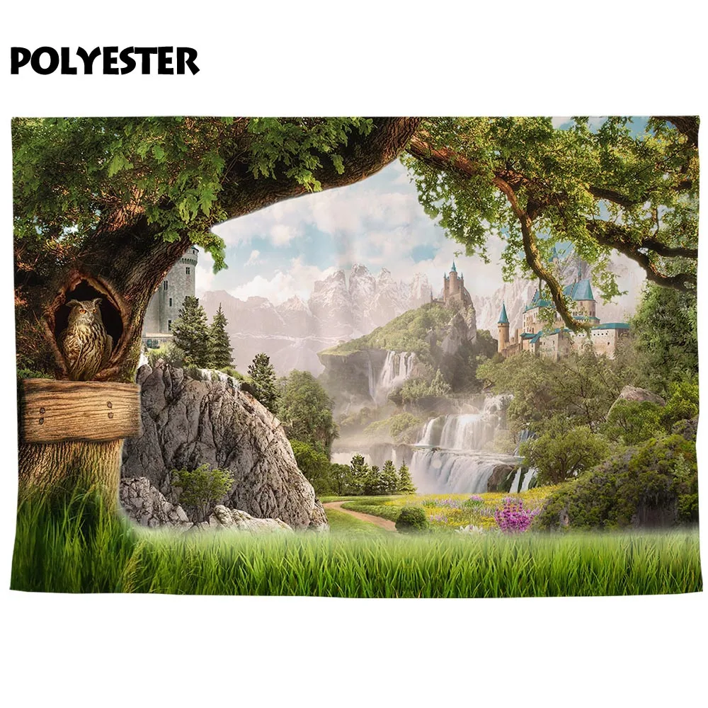 Funnytree fotografia photocall zamek góra drzewo drewno kraina czarów sowa natura użytki zielone fantasy backdrops zdjęcie tło