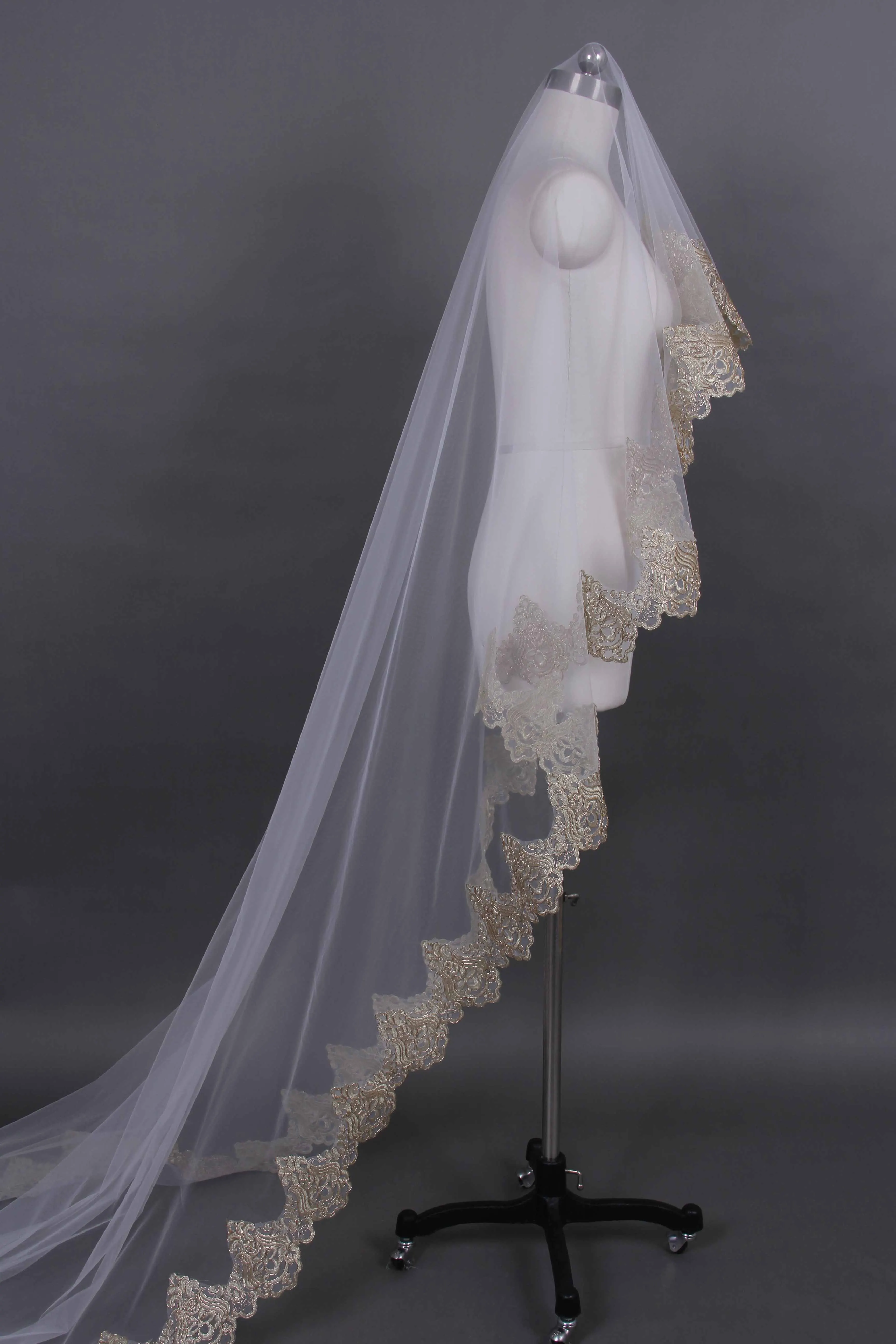 1 tier Cathedral lace veil ,golden bridal vail ,Cathedral veil, wedding veils ,long  bridal veil