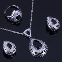 Water Drop Black Cubic Zirconia White CZ Silver Plated Jewelry Sets Earrings Pendant Nacklace Chain Ring V0316