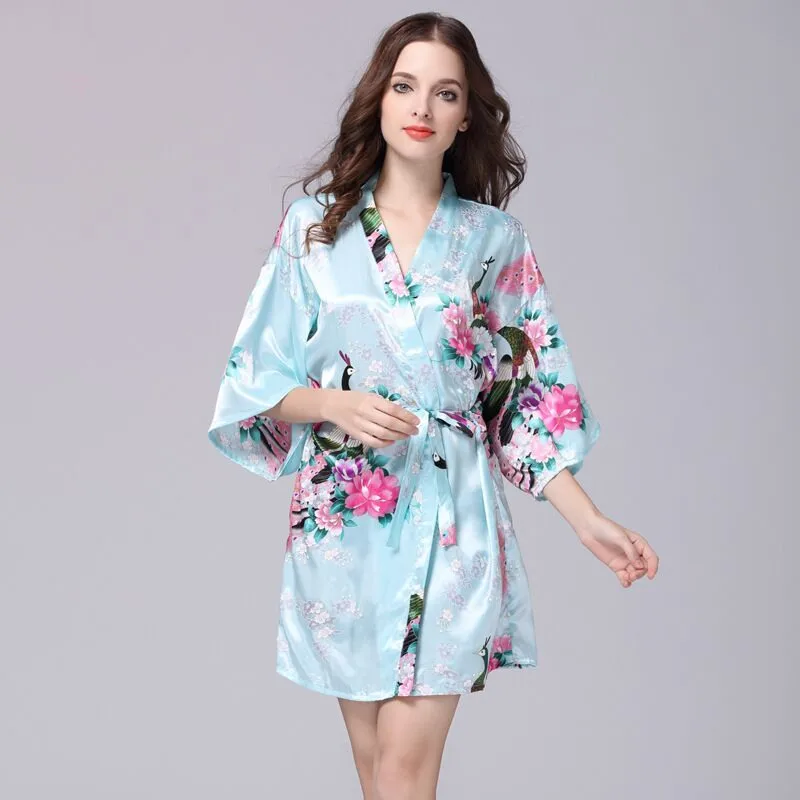 Light Blue Chinese Women's Silk Rayon Robe Kimono Bath Gown Fashion Lady Nightgown Mujer Pijama Size S M L XL XXL XXXL Xsz026G