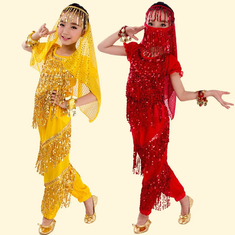 5 Pcs Sequin Child Belly Dance Costume Girl Tassel Indian Dance Costume Kids Bollywood Dance Clothing Set Bellydance Dress 89