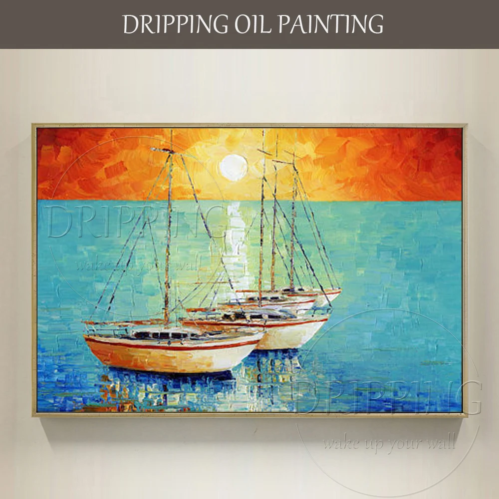 

Unique Wall Art Hand-painted High Quality Modern Seascape Boat Oil Painting for Wall Decor Sunset Landscape Boats Oil Painting