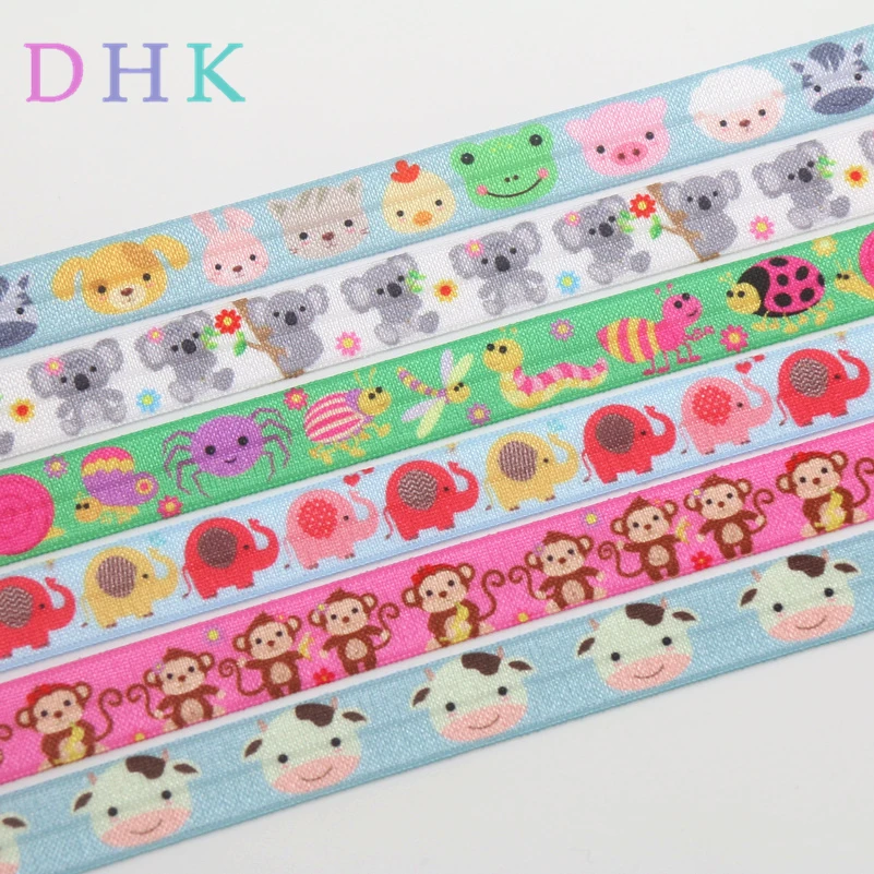 DHK 5/8'' 5yards animals elephant koala pug  printed Fold Elastic FOE stretch ribbon hairbow headwear headband DIY OEM C1627