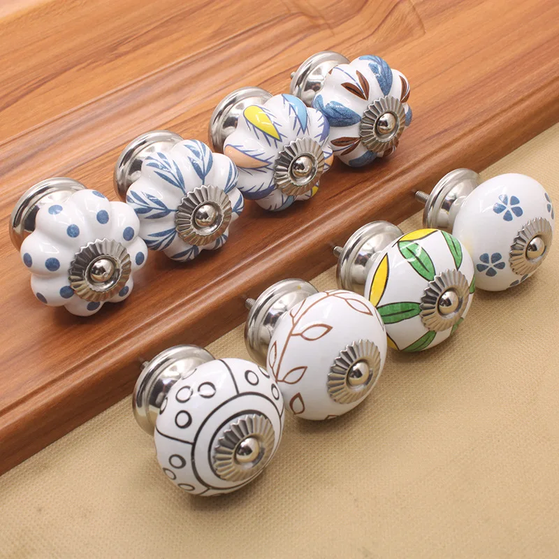 JD 40mm Hand-painted Ceramic Drawer Knobs Porcelain Pumpkin Cabinet Knobs Cupboard Handles with base for Kids Furniture Handle