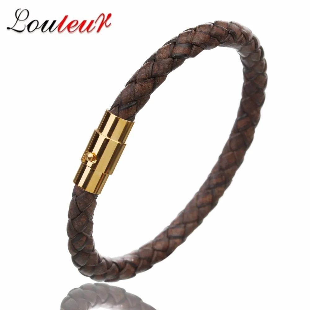 New Handmade Gold Color Vintage Men Leather Bracelets Stainless Steel Magnetic Clasp Braided Black Brown Male Bangles