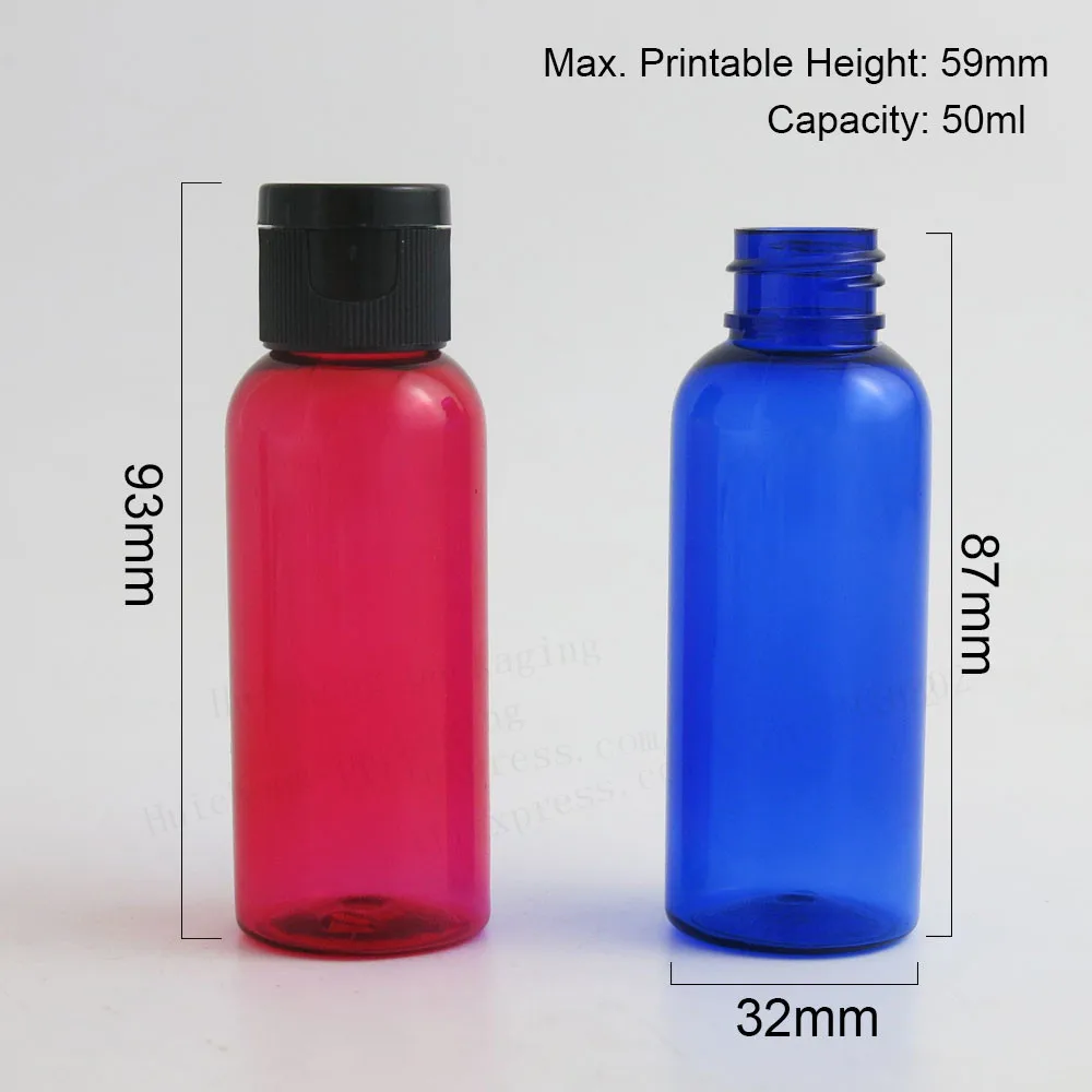 50 x Ourdoors 50ml  amber blue green clear white red pink pet plastic  dispensing Bottles with Flip Top Cap