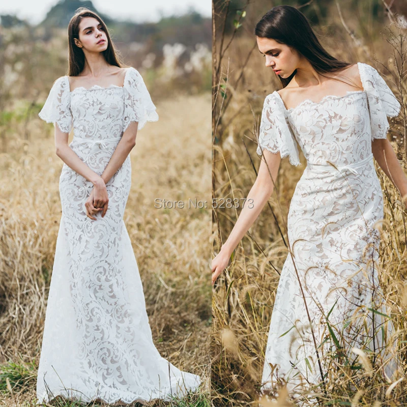 YNQNFS صور حقيقية مضيئة قصيرة الأكمام الأبيض/الشمبانيا حورية البحر الدانتيل بوهو فستان الزفاف الشاطئ ضوء رداء حفلات الزفاف W31