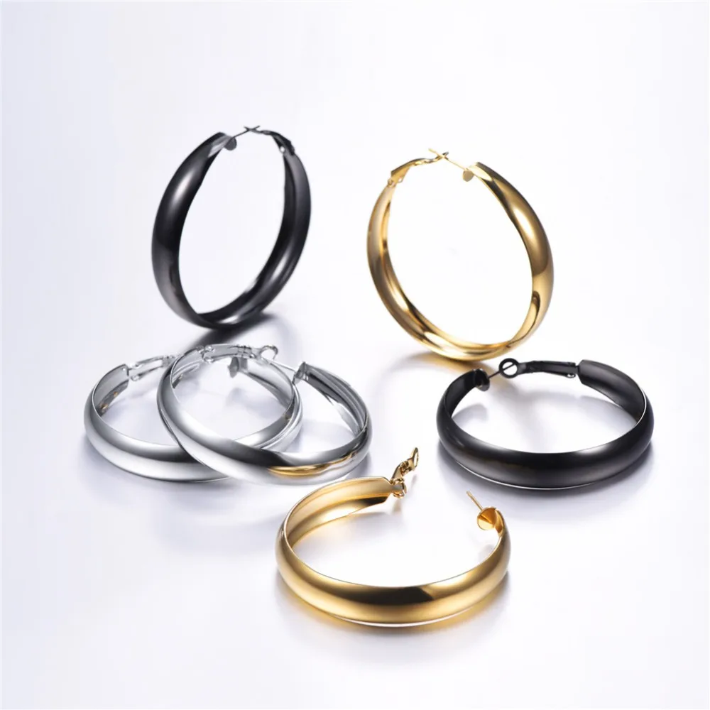 U7 Chunky Stainless Steel  40mm Round Hoop Earring Gold Color Vintage Women Brincos Jewelry